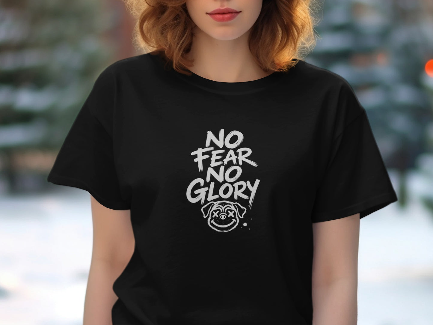 Black t-shirt with "NO FEAR NO GLORY" text and a cartoon dog face.