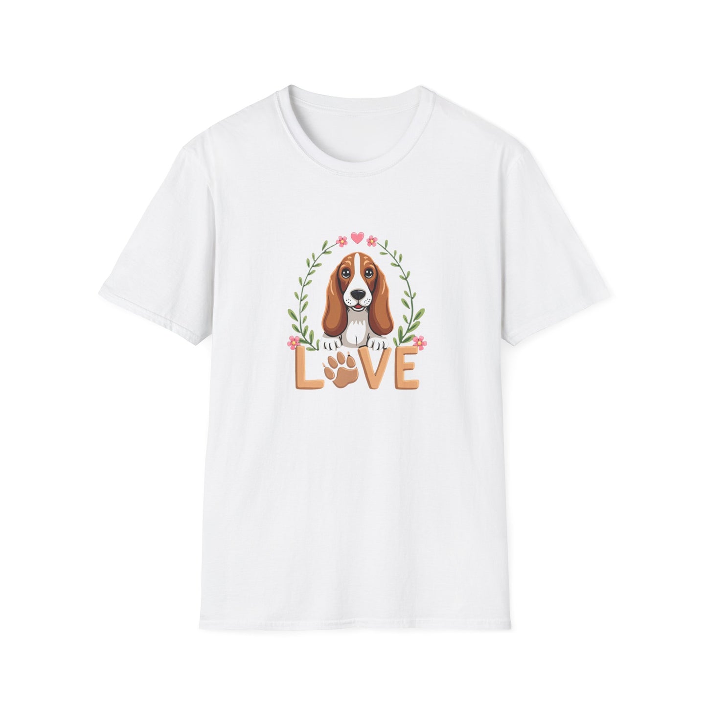 Basset Hound Love Unisex Softstyle T-Shirt, Dog Lover Gift, Animal Graphic Tee, Brown Paw Print Shirt, Pet Owner Apparel