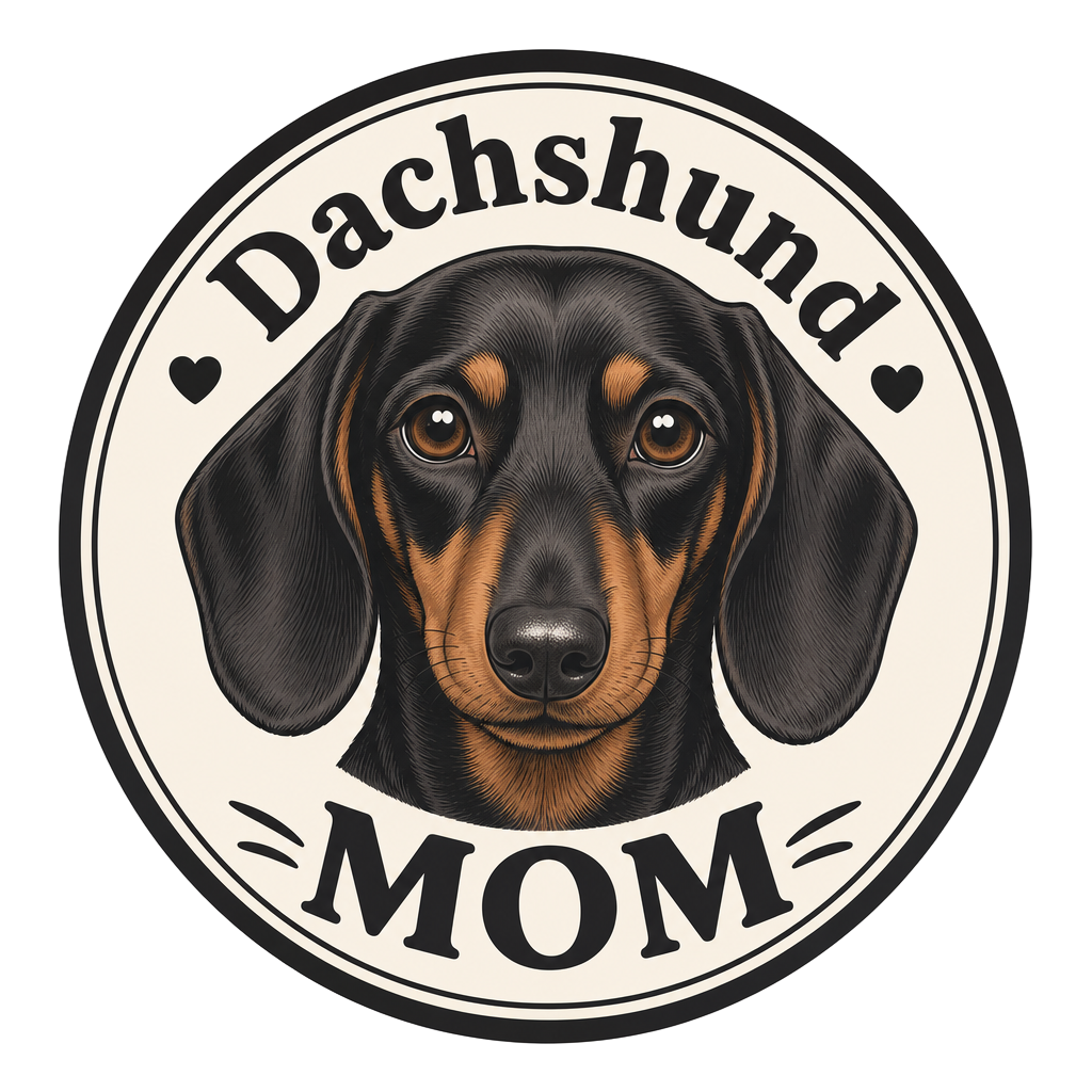 Black and tan dachshund face with "Dachshund MOM" text in a circle.