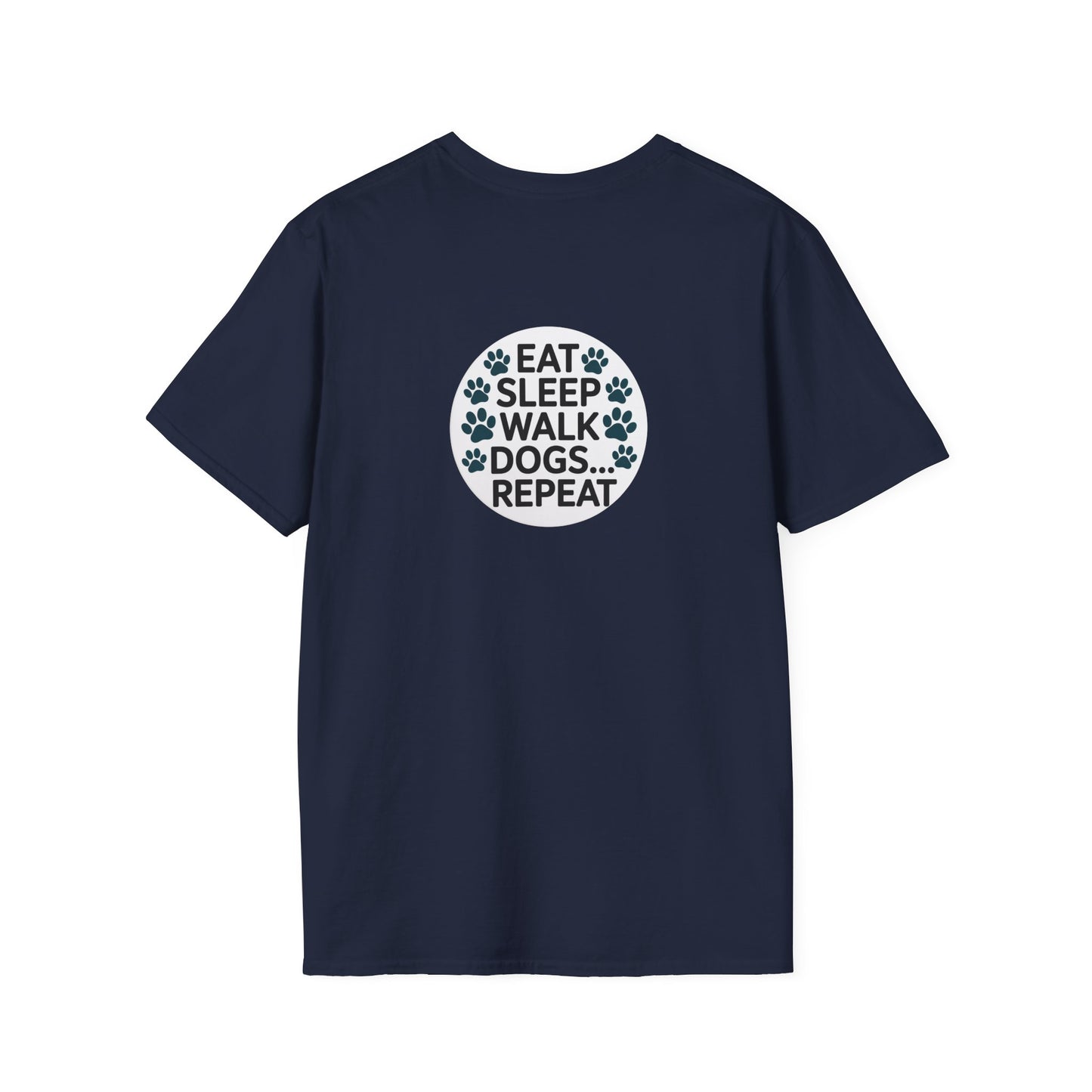 Circular Dog Lover Graphic T-Shirt, Eat Sleep Walk Dogs Repeat Tee, Funny Puppy Paw Print Shirt, Bold Modern Typography Top, Playful Pet
