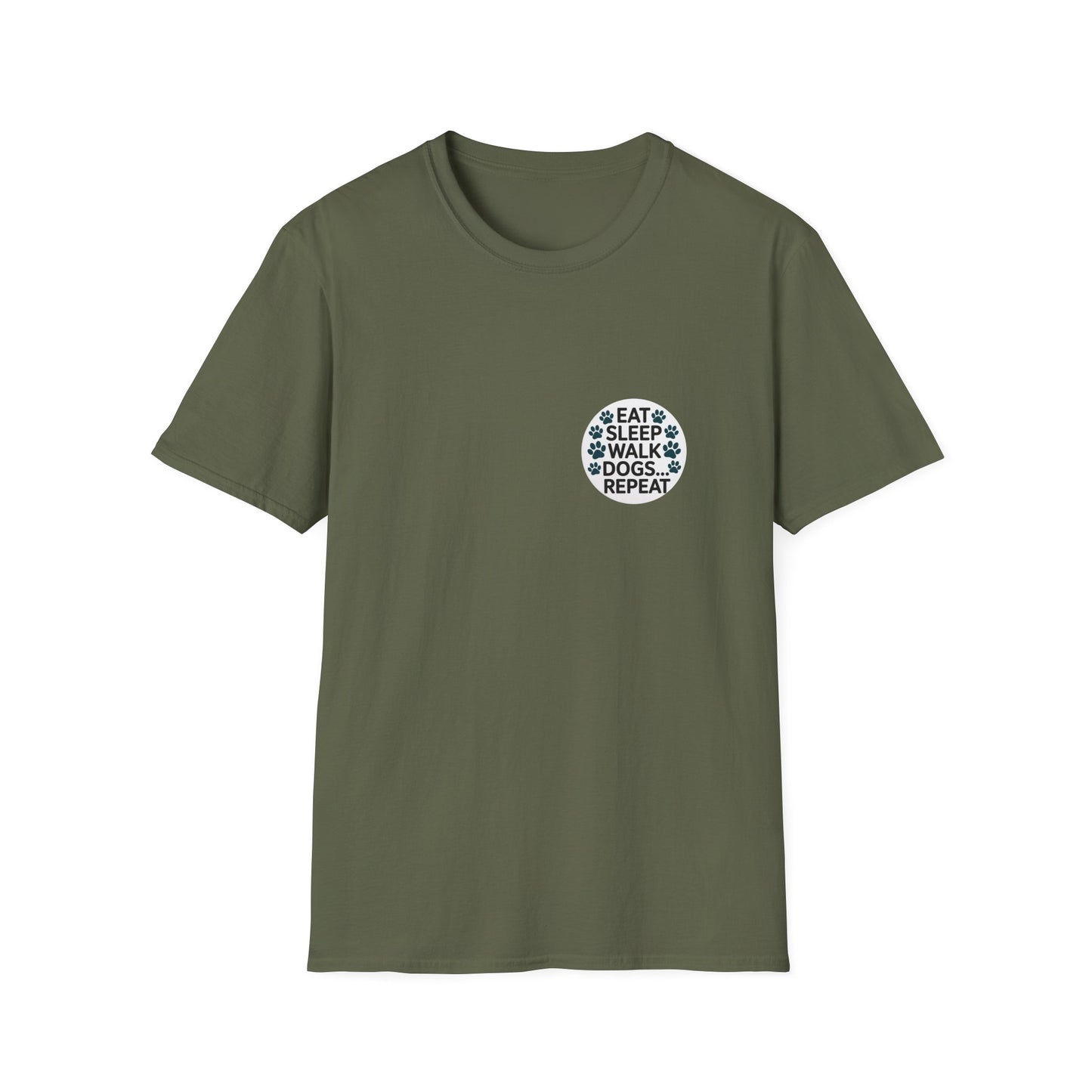 Circular Dog Lover Graphic T-Shirt, Eat Sleep Walk Dogs Repeat Tee, Funny Puppy Paw Print Shirt, Bold Modern Typography Top, Playful Pet