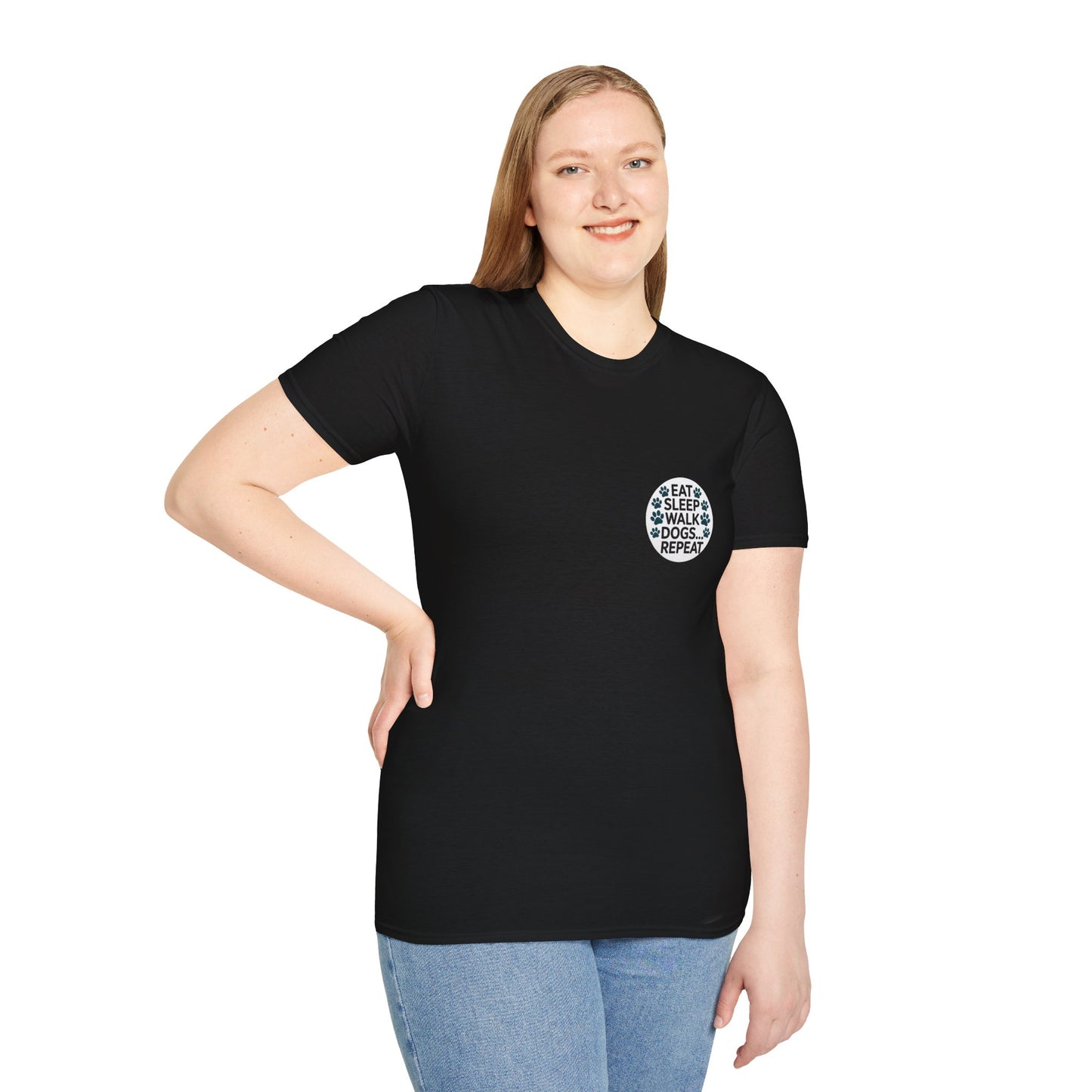 Circular Dog Lover Graphic T-Shirt, Eat Sleep Walk Dogs Repeat Tee, Funny Puppy Paw Print Shirt, Bold Modern Typography Top, Playful Pet