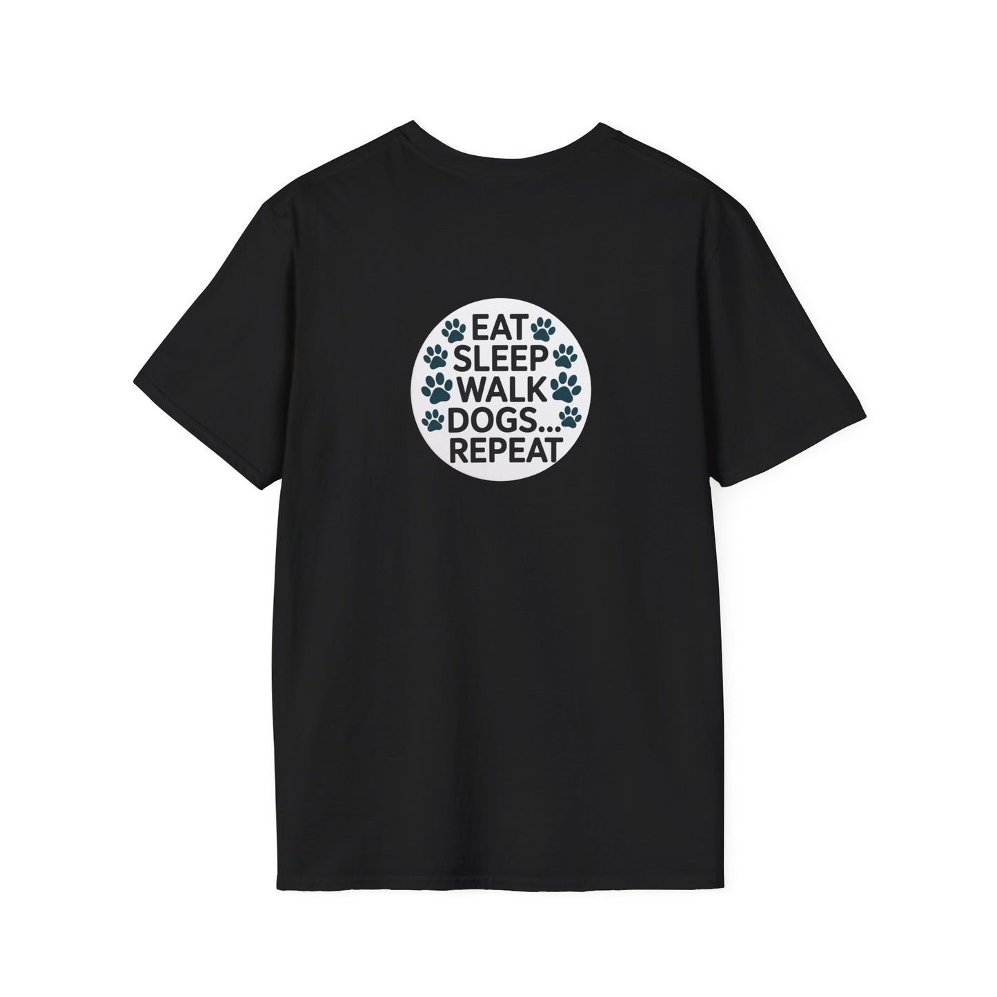 Circular Dog Lover Graphic T-Shirt, Eat Sleep Walk Dogs Repeat Tee, Funny Puppy Paw Print Shirt, Bold Modern Typography Top, Playful Pet