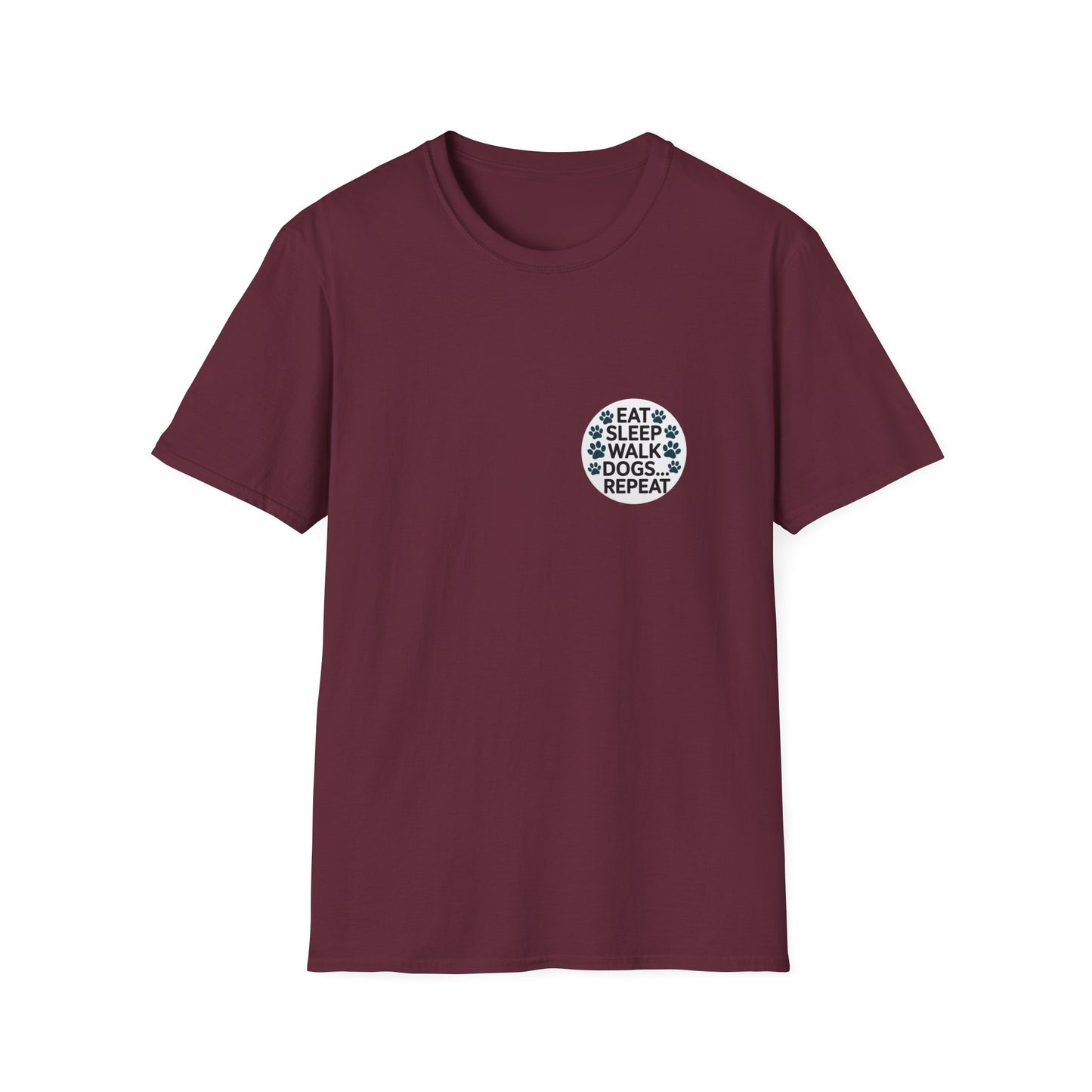 Circular Dog Lover Graphic T-Shirt, Eat Sleep Walk Dogs Repeat Tee, Funny Puppy Paw Print Shirt, Bold Modern Typography Top, Playful Pet