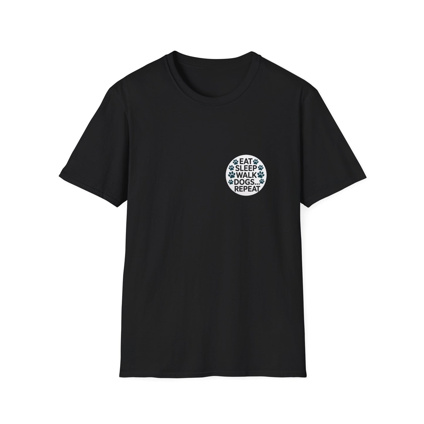 Circular Dog Lover Graphic T-Shirt, Eat Sleep Walk Dogs Repeat Tee, Funny Puppy Paw Print Shirt, Bold Modern Typography Top, Playful Pet