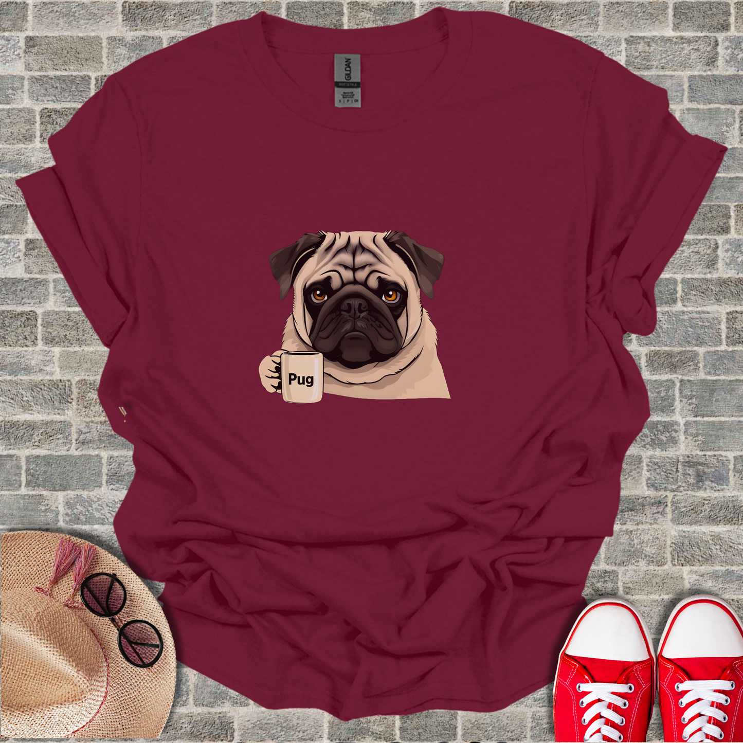 Pug With Coffee Mug Unisex Softstyle T-Shirt