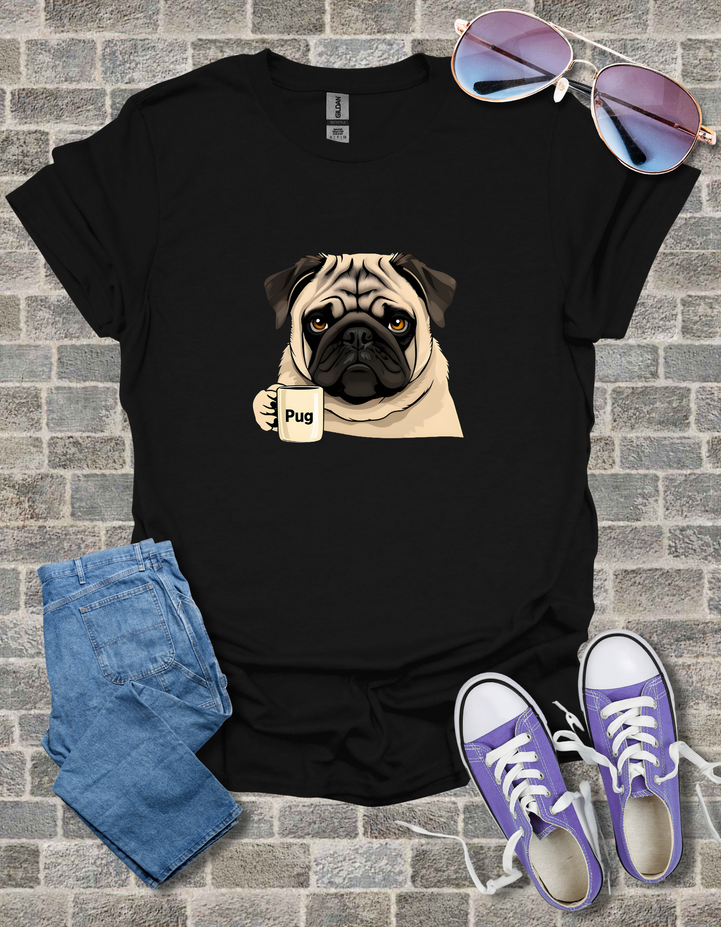 Pug With Coffee Mug Unisex Softstyle T-Shirt