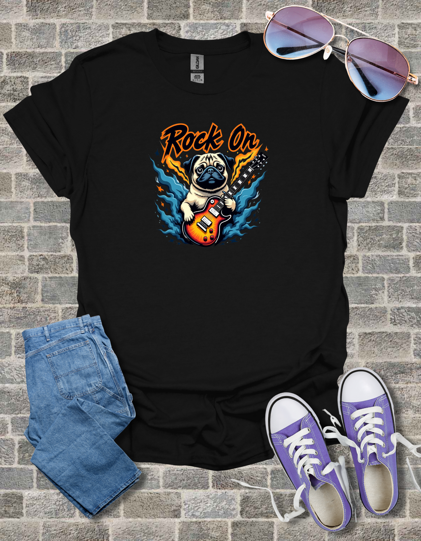 Pug Rock On Unisex Softstyle T-Shirt