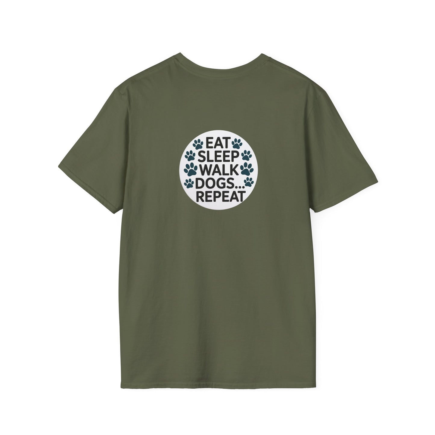 Circular Dog Lover Graphic T-Shirt, Eat Sleep Walk Dogs Repeat Tee, Funny Puppy Paw Print Shirt, Bold Modern Typography Top, Playful Pet