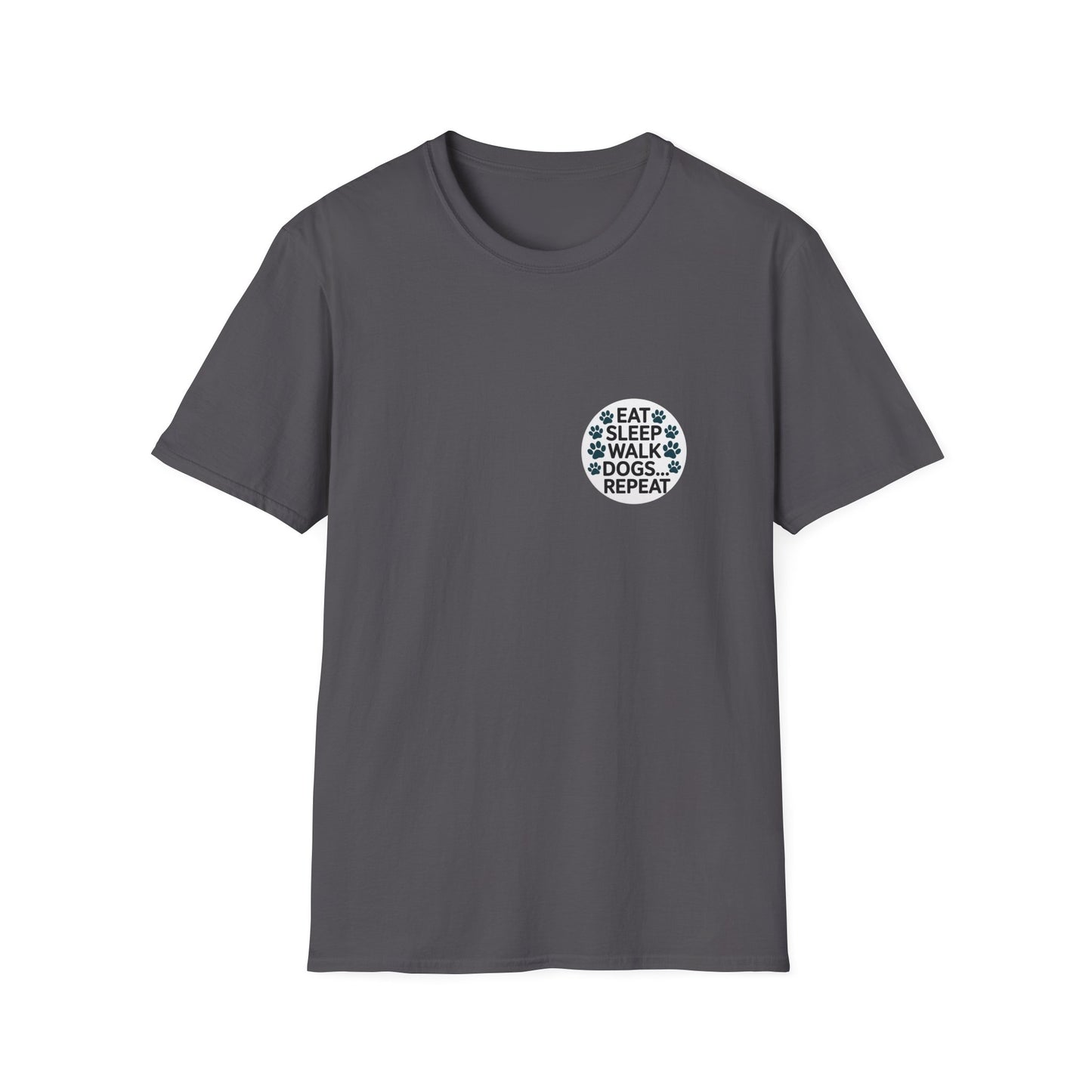 Circular Dog Lover Graphic T-Shirt, Eat Sleep Walk Dogs Repeat Tee, Funny Puppy Paw Print Shirt, Bold Modern Typography Top, Playful Pet