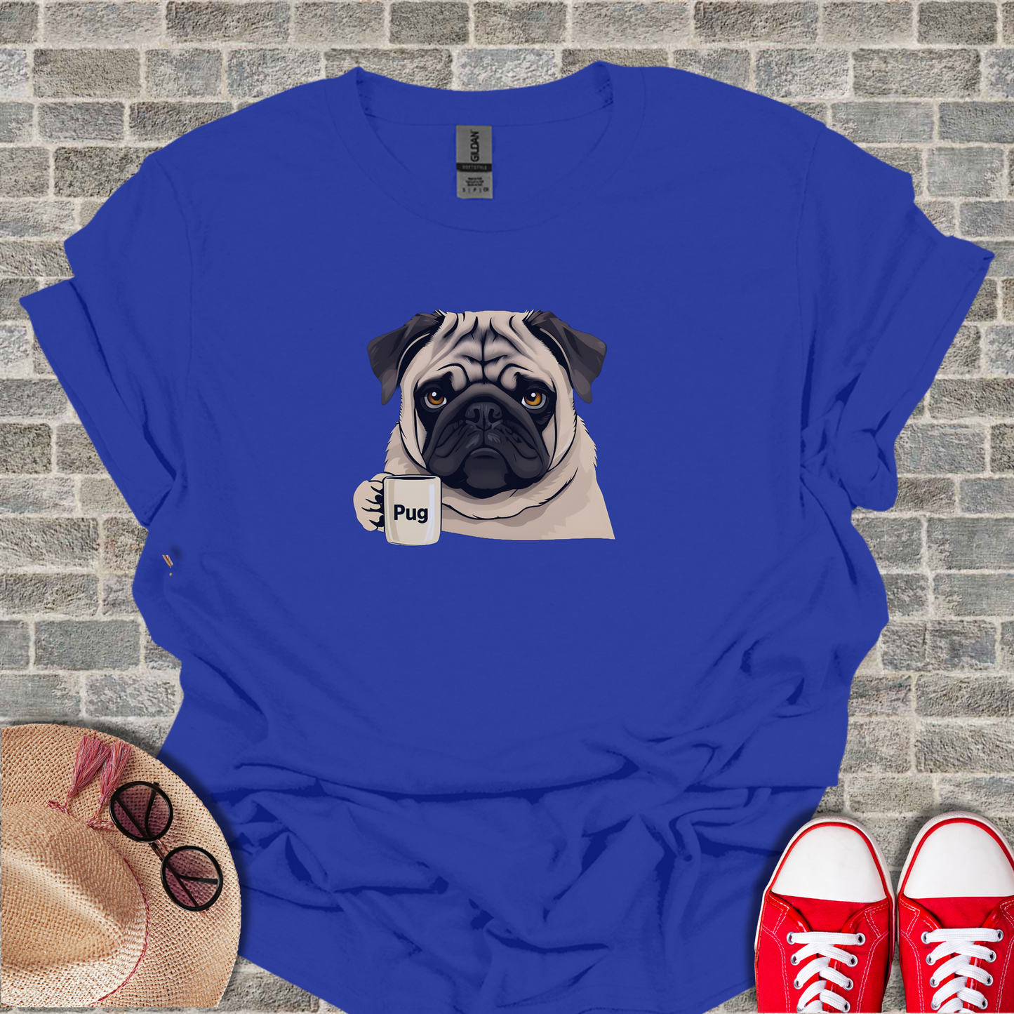 Pug With Coffee Mug Unisex Softstyle T-Shirt
