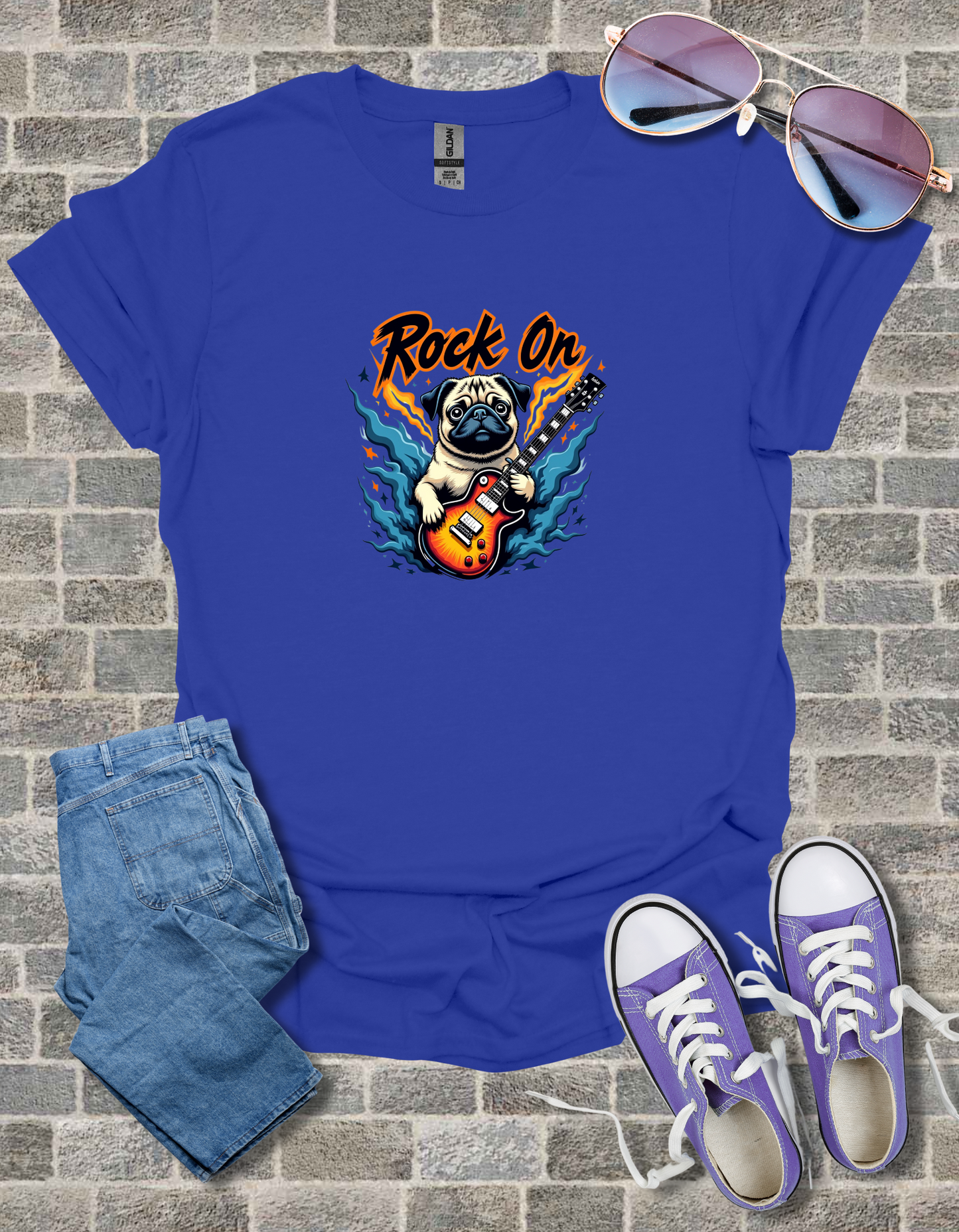 Pug Rock On Unisex Softstyle T-Shirt