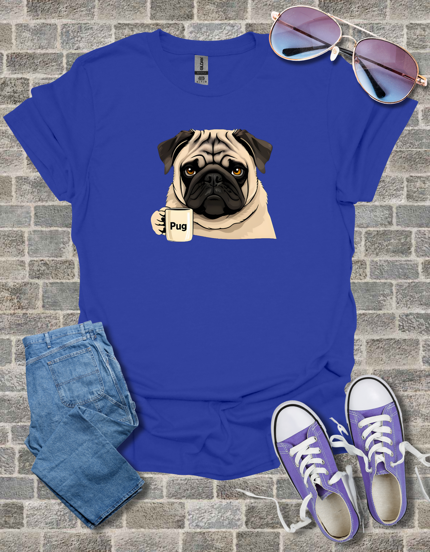 Pug With Coffee Mug Unisex Softstyle T-Shirt