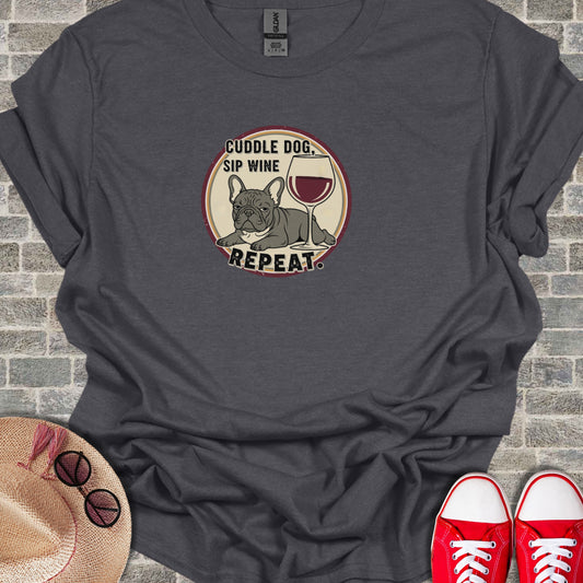Cuddle Dog Sip Wine Repeat Graphic Casual T-Shirt