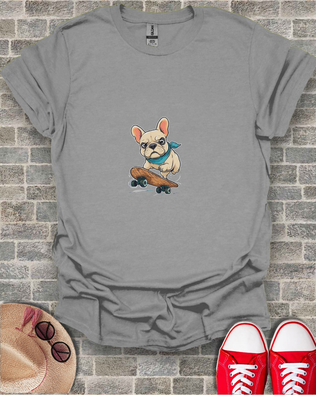 Skateboarding Bulldog Graphic Grey Shirt