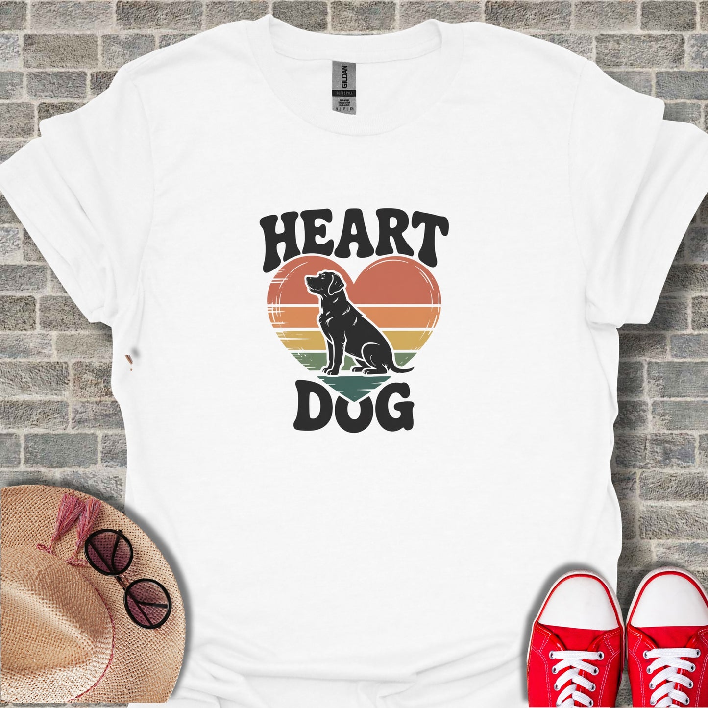 Heart Dog Graphic Tee Shirt Design With Red Shoes
