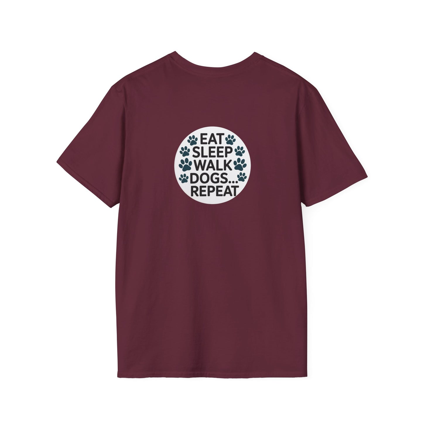 Circular Dog Lover Graphic T-Shirt, Eat Sleep Walk Dogs Repeat Tee, Funny Puppy Paw Print Shirt, Bold Modern Typography Top, Playful Pet