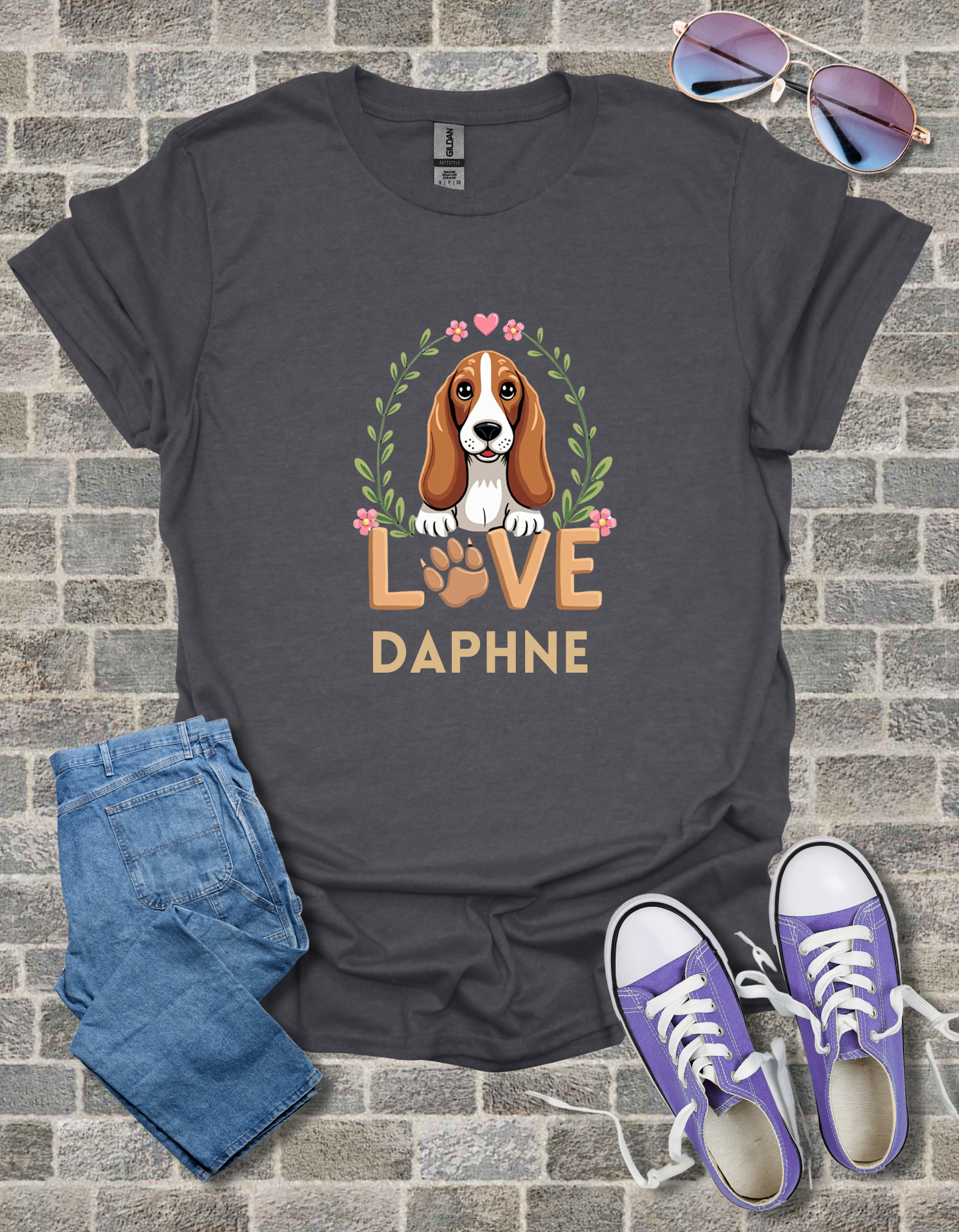 Basset Hound Love Unisex Softstyle T-Shirt, Dog Lover Gift, Animal Graphic Tee, Brown Paw Print Shirt, Pet Owner Apparel