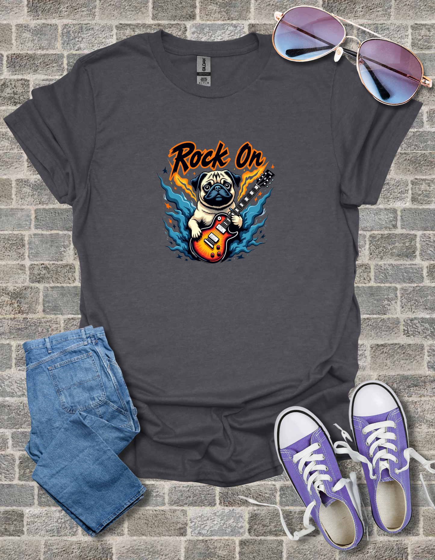 Pug Rock On Unisex Softstyle T-Shirt