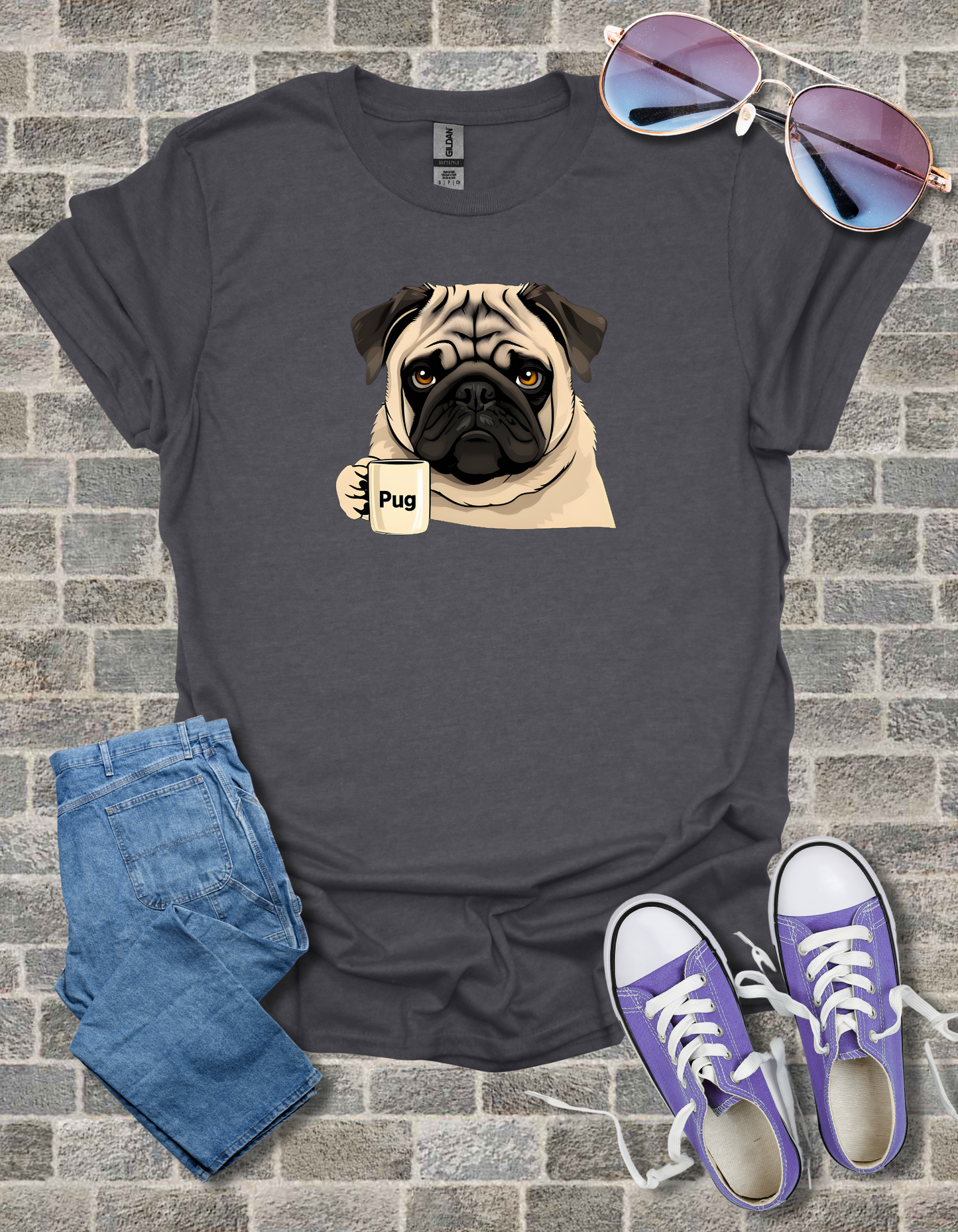 Pug With Coffee Mug Unisex Softstyle T-Shirt