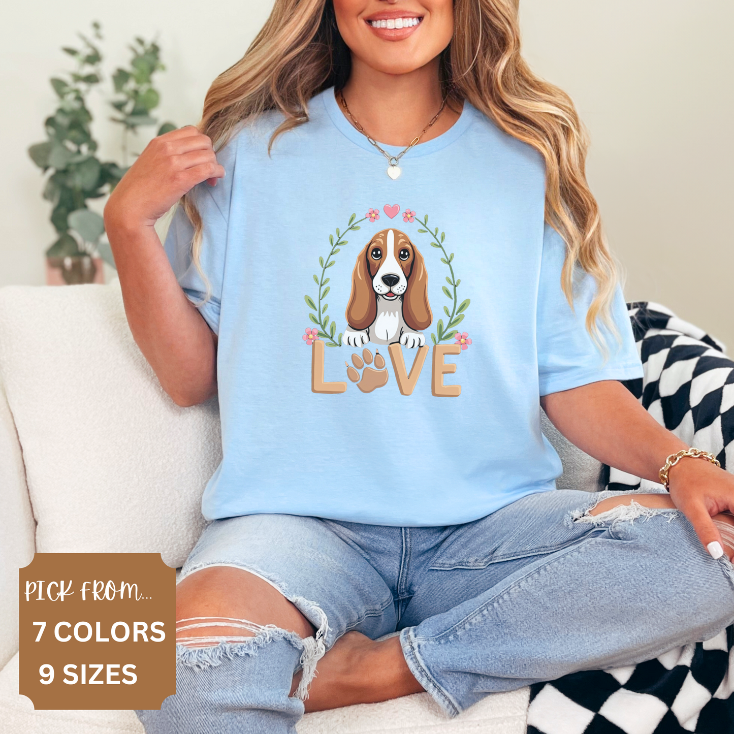 Dog Lover Essential Basset Hound Themed Tshirt Premium Cotton Material Floral Heart Design Paw Print Pattern Comfort Fit Construction Multiple Size Options Available Colors Perfect Gift Special Present Casual Style Wear