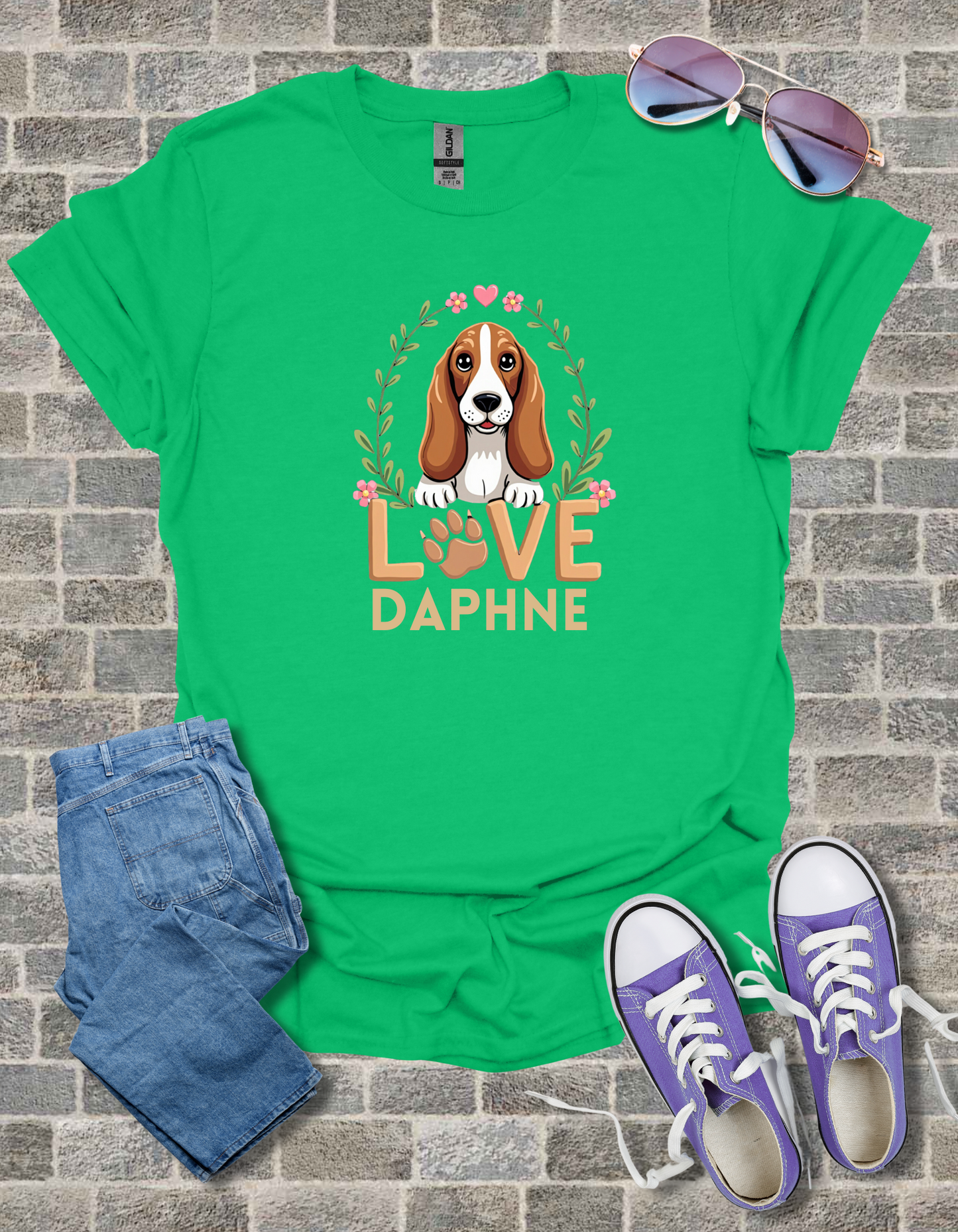 Basset Hound Love Unisex Softstyle T-Shirt, Dog Lover Gift, Animal Graphic Tee, Brown Paw Print Shirt, Pet Owner Apparel