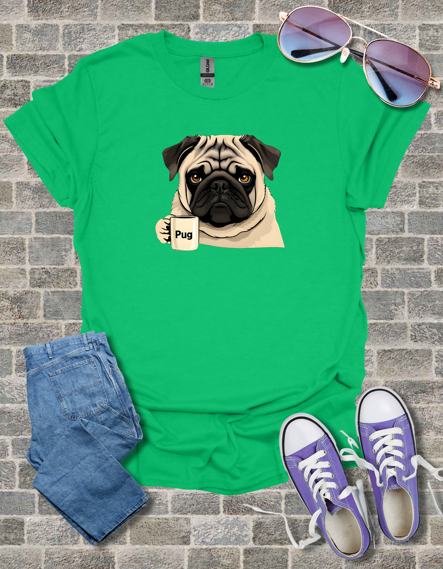 Pug With Coffee Mug Unisex Softstyle T-Shirt