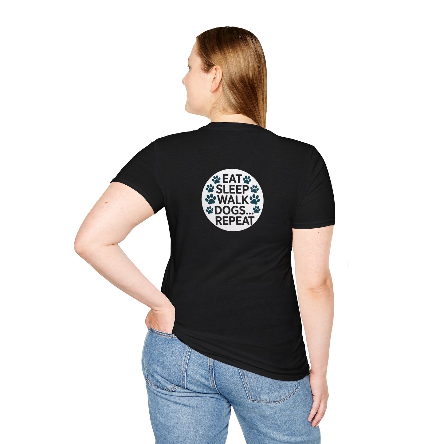 Circular Dog Lover Graphic T-Shirt, Eat Sleep Walk Dogs Repeat Tee, Funny Puppy Paw Print Shirt, Bold Modern Typography Top, Playful Pet
