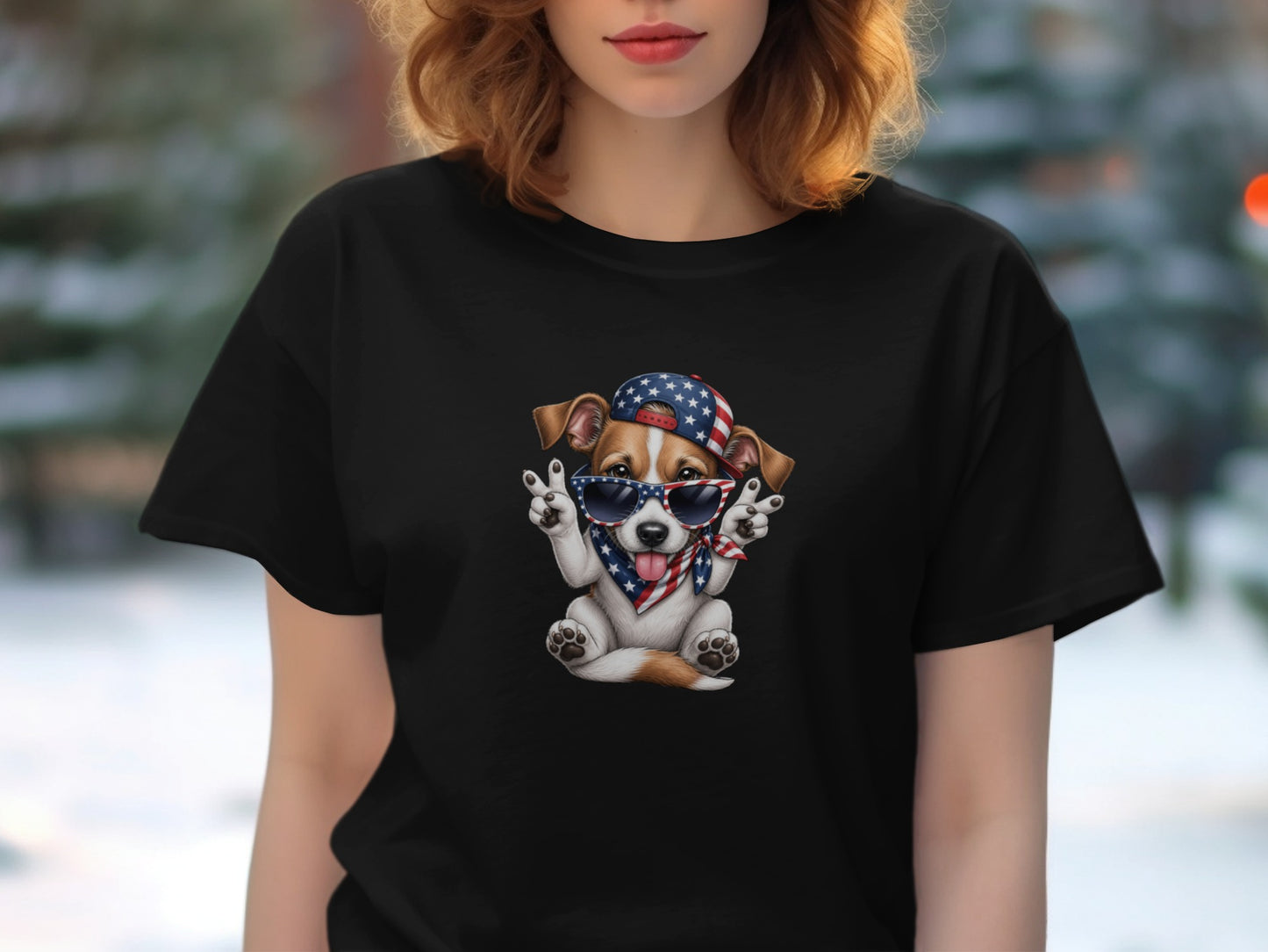 Dog wearing bandana and baseball cap with American flag print, giving peace signs.