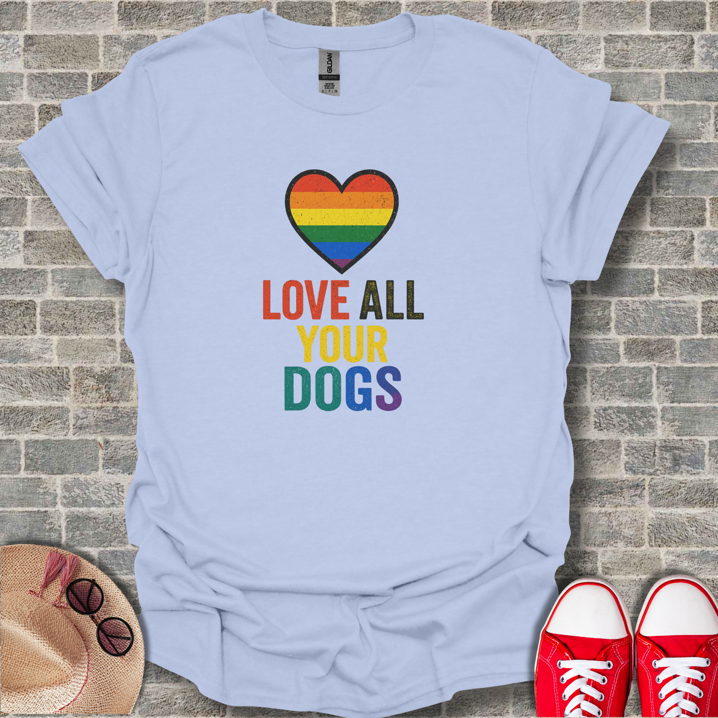 Love All Your Dogs T-Shirt — Rainbow Heart Dog Lover Tee