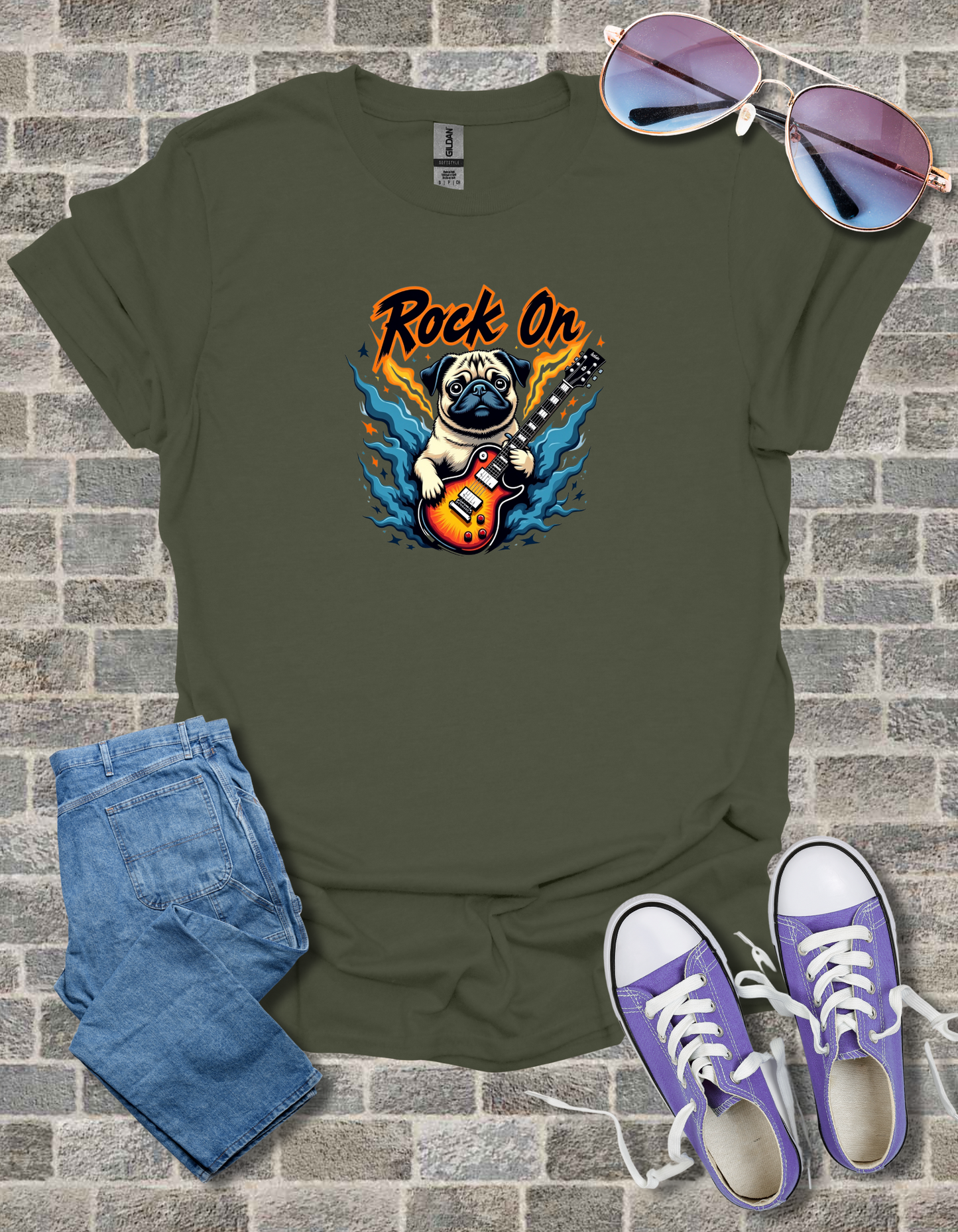 Pug Rock On Unisex Softstyle T-Shirt