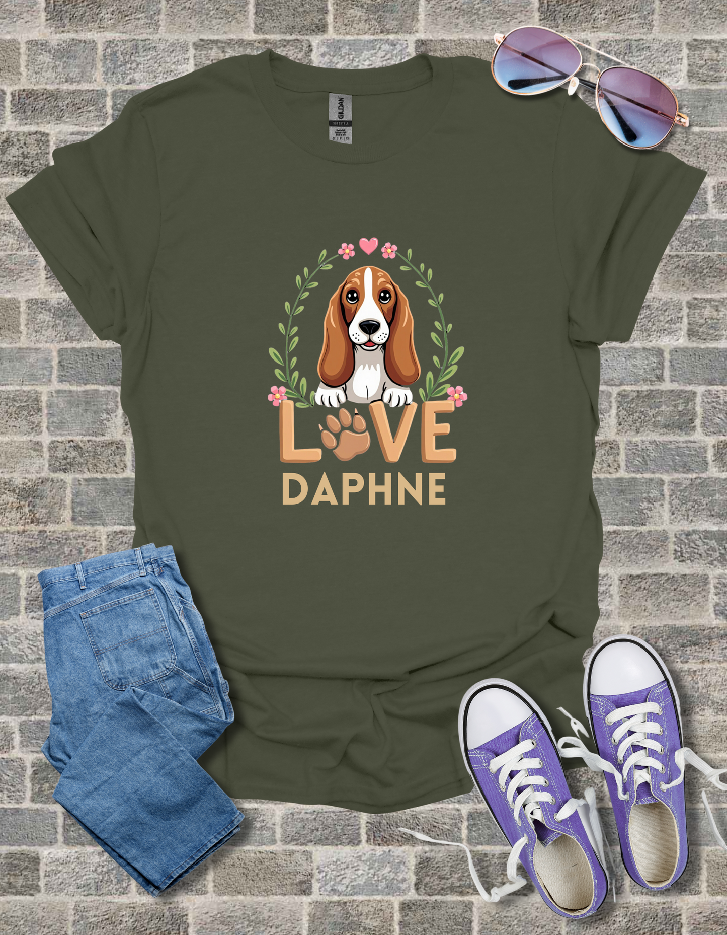 Basset Hound Love Unisex Softstyle T-Shirt, Dog Lover Gift, Animal Graphic Tee, Brown Paw Print Shirt, Pet Owner Apparel