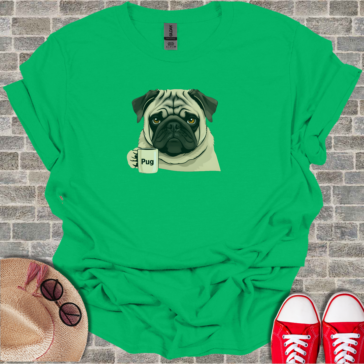 Pug With Coffee Mug Unisex Softstyle T-Shirt