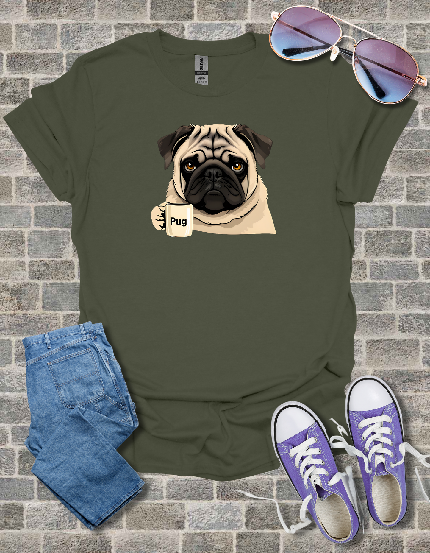 Pug With Coffee Mug Unisex Softstyle T-Shirt
