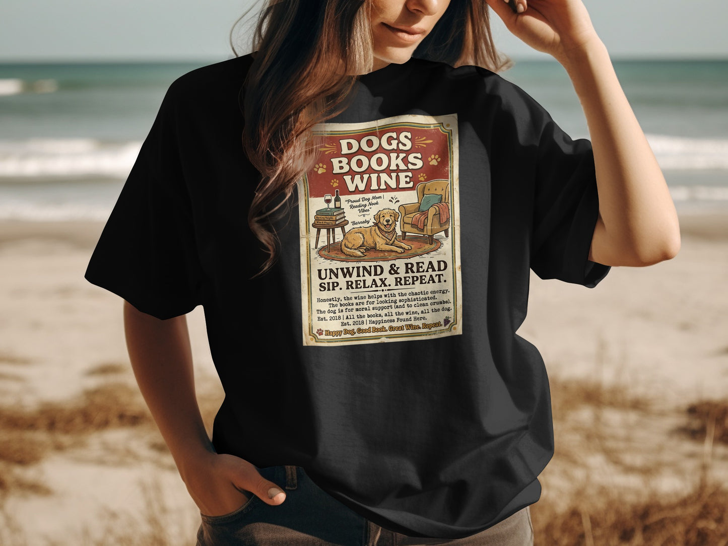 Black t-shirt with "Dogs Books Wine" graphic featuring a dog reading.