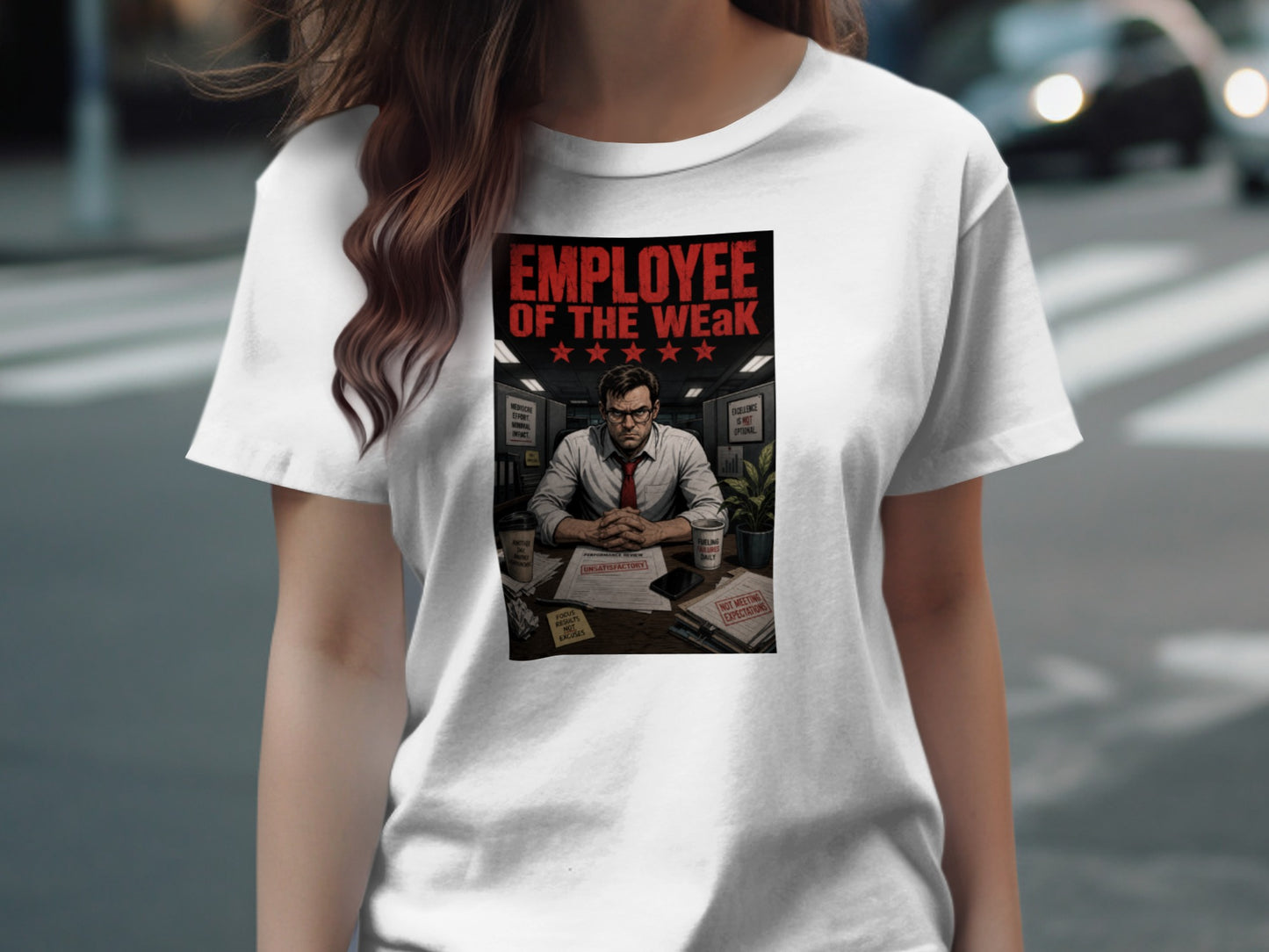 T-shirt graphic with "EMPLOYEE OF THE WEAK" text and review notices.