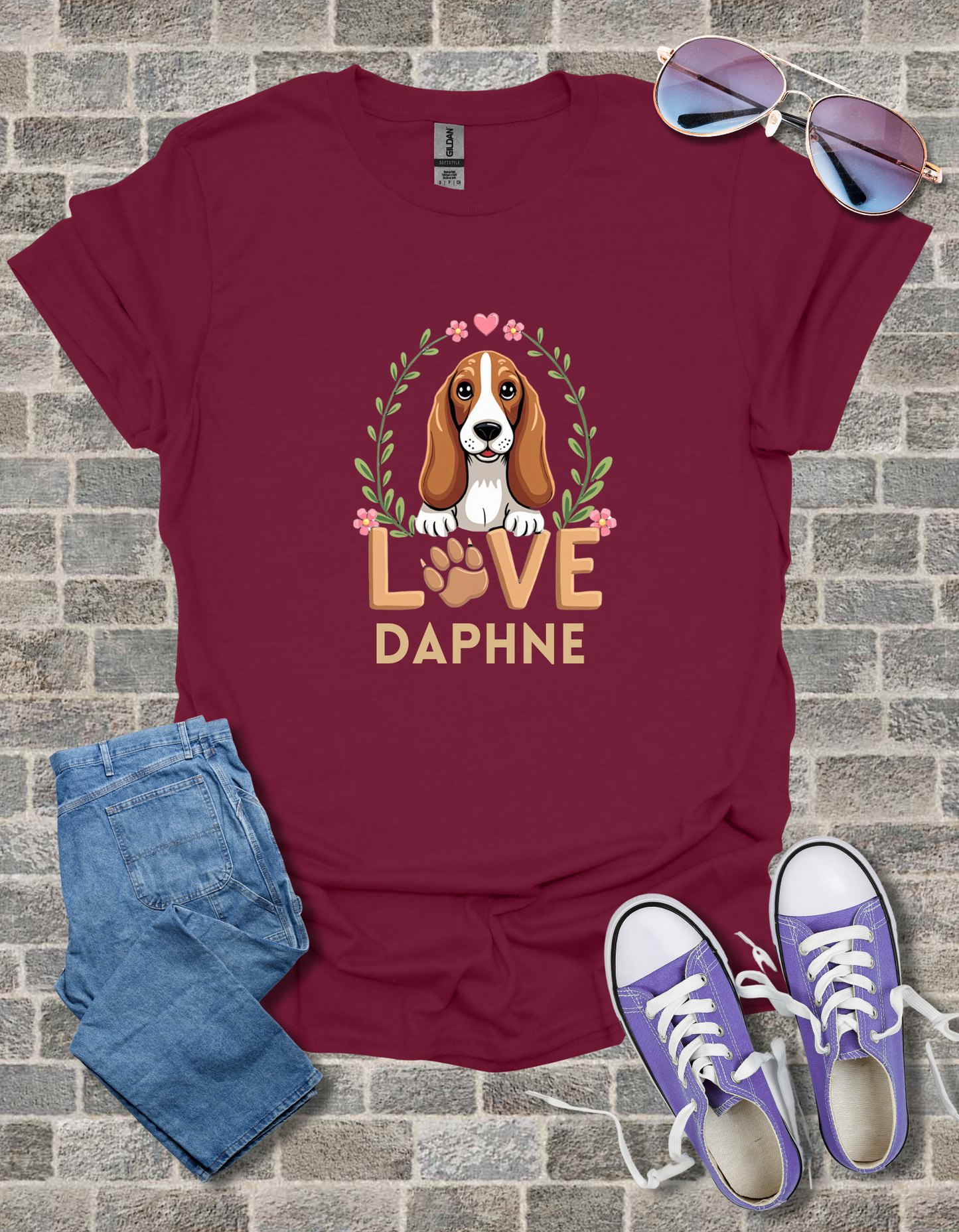 Basset Hound Love Unisex Softstyle T-Shirt, Dog Lover Gift, Animal Graphic Tee, Brown Paw Print Shirt, Pet Owner Apparel