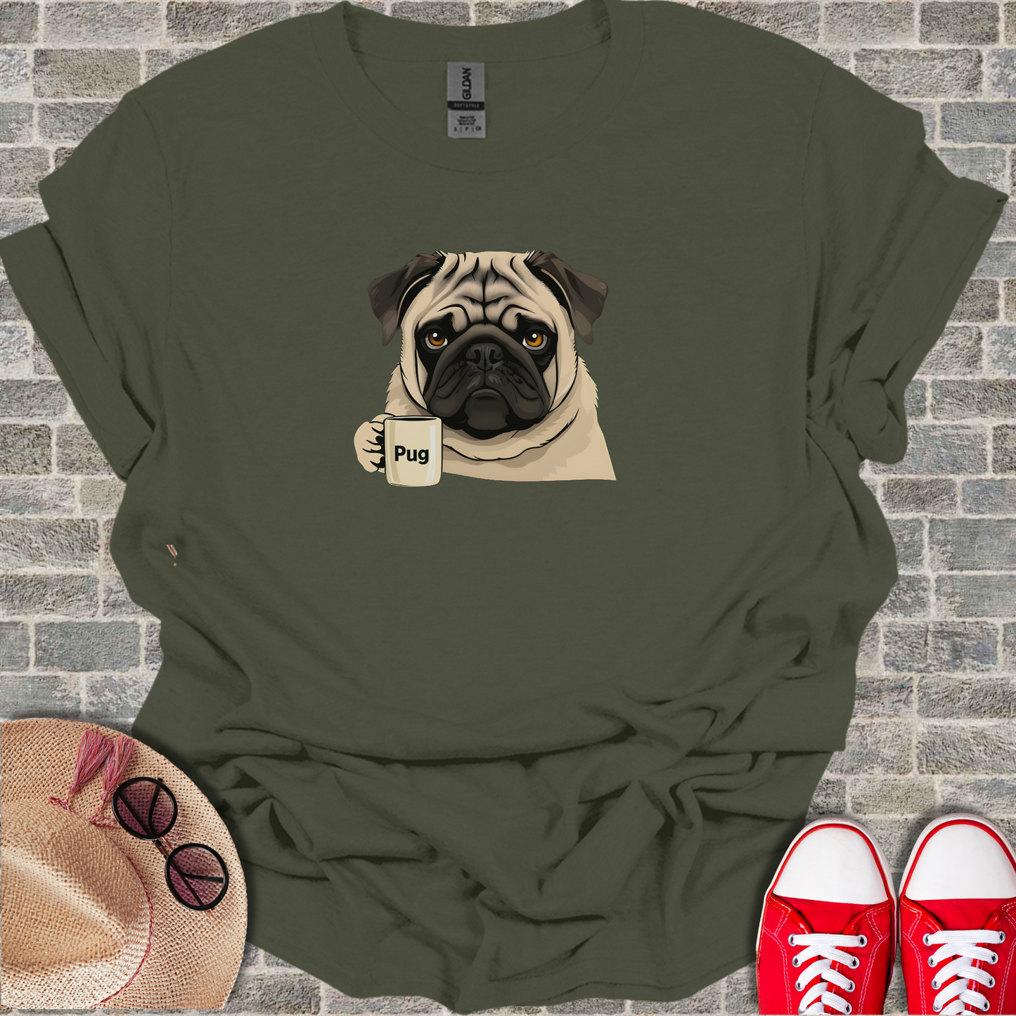 Pug With Coffee Mug Unisex Softstyle T-Shirt