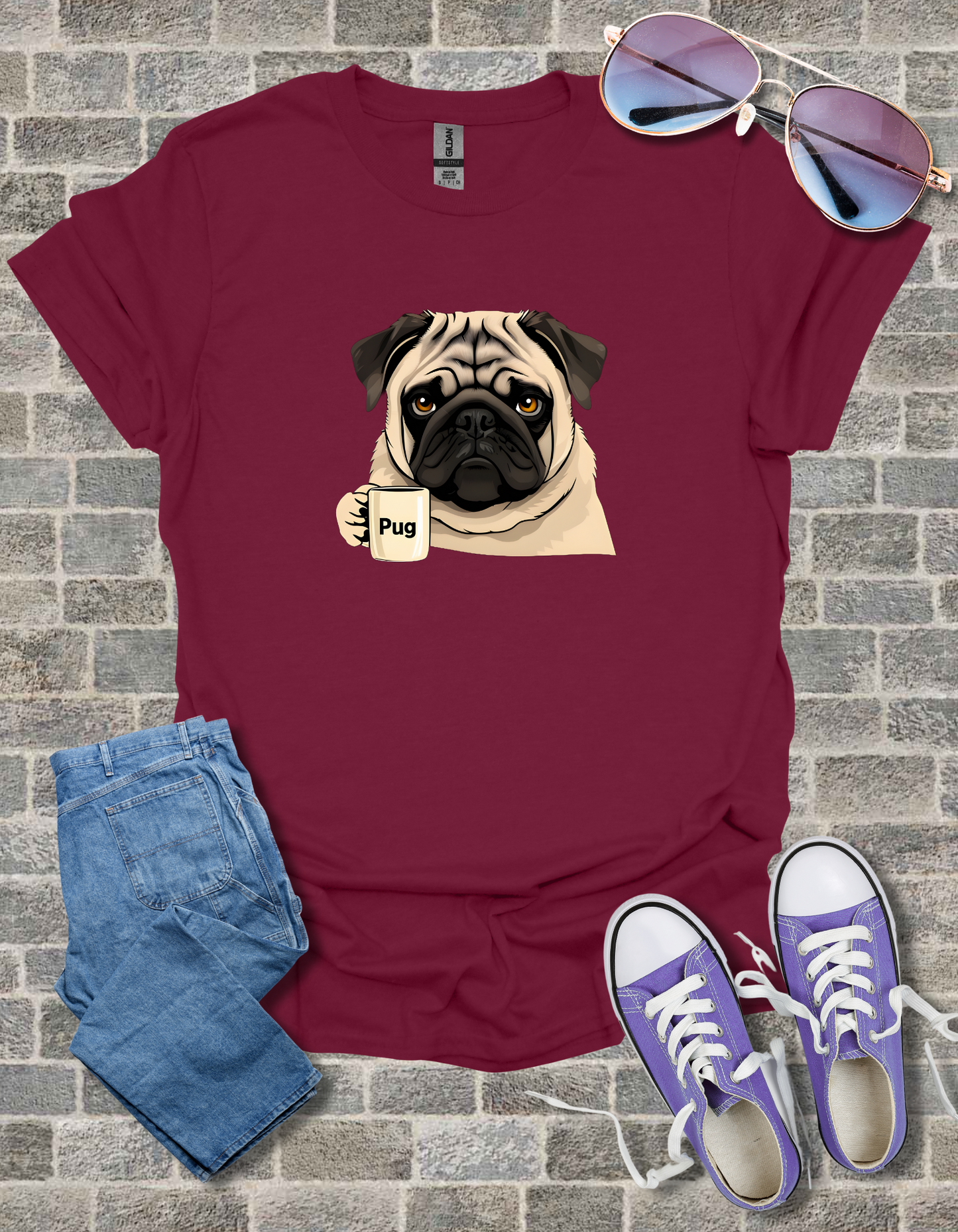 Pug With Coffee Mug Unisex Softstyle T-Shirt