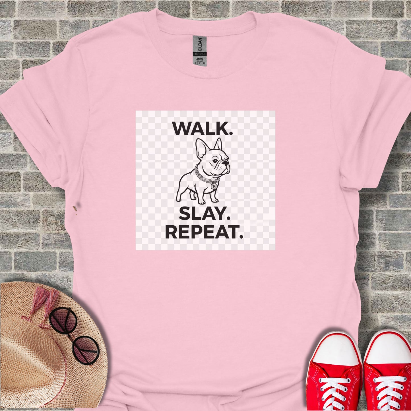 Walk Slay Repeat Cute Bulldog Tee with Fun Graphic