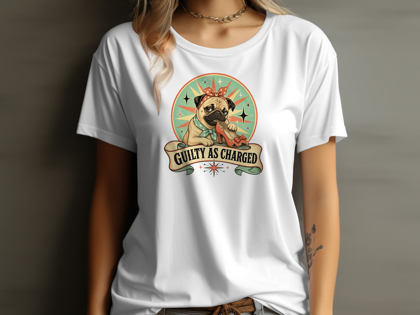 Pug wearing bandana and bow gnawing a shoe, "Guilty As Charged" text on banner