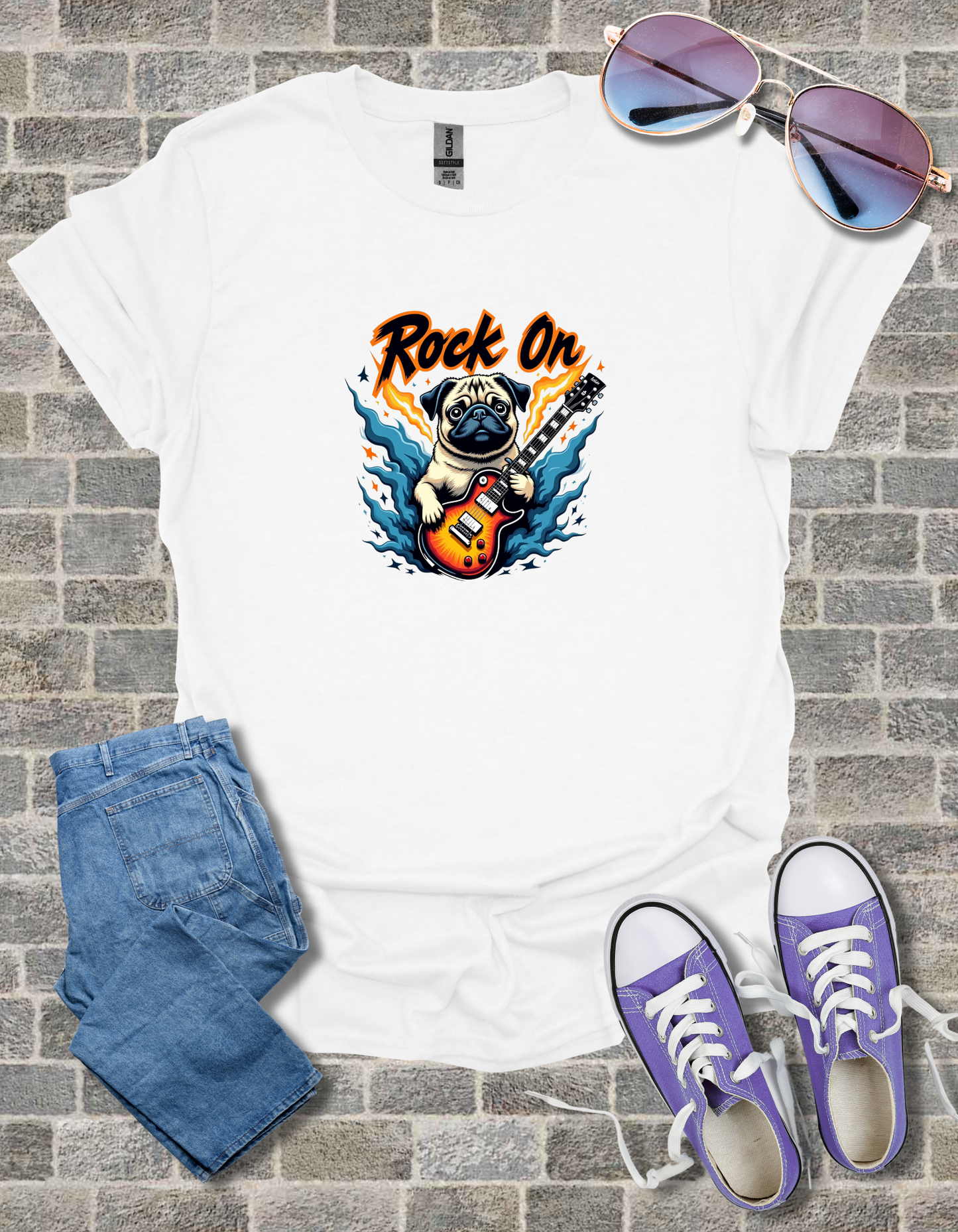 Pug Rock On Unisex Softstyle T-Shirt
