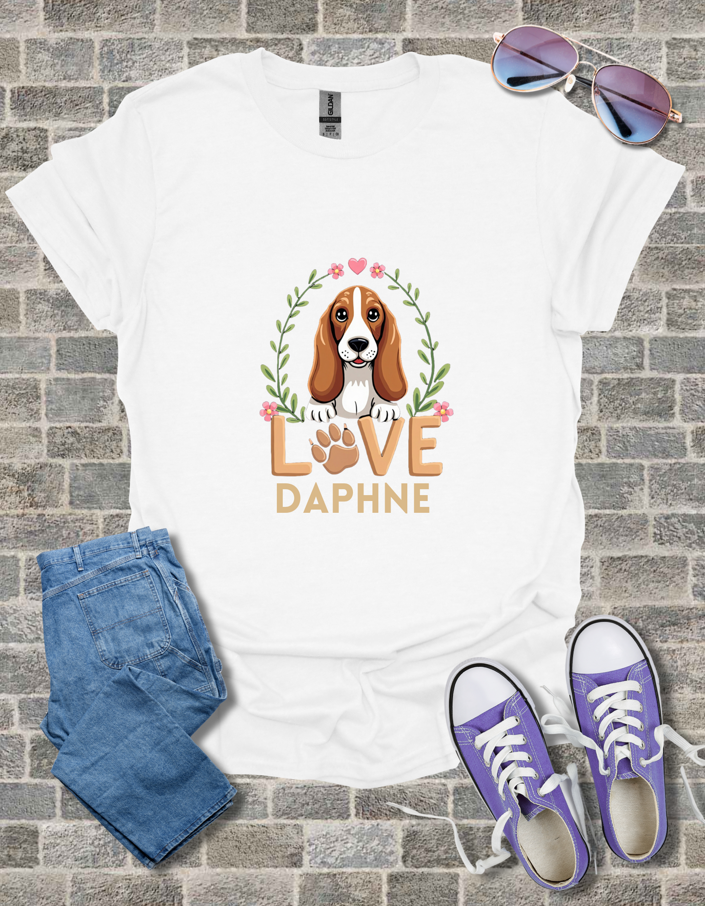 Basset Hound Love Unisex Softstyle T-Shirt, Dog Lover Gift, Animal Graphic Tee, Brown Paw Print Shirt, Pet Owner Apparel
