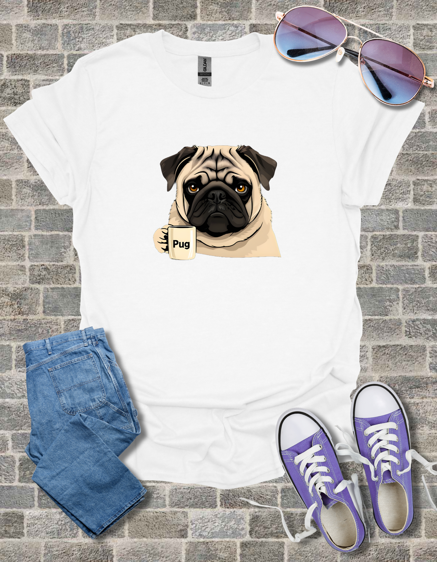 Pug With Coffee Mug Unisex Softstyle T-Shirt