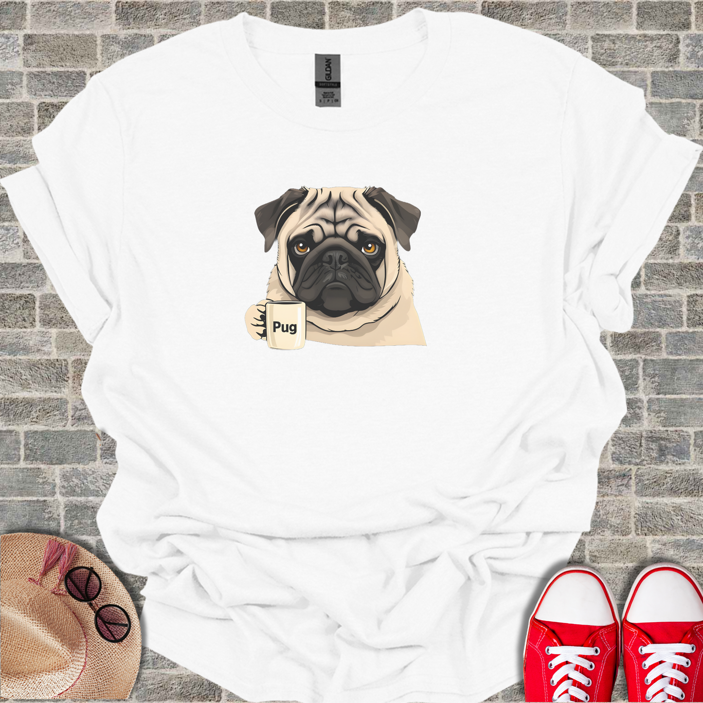 Pug With Coffee Mug Unisex Softstyle T-Shirt