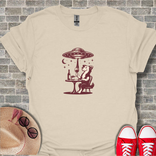 Alien UFO Dog Drinking Wine T-shirt