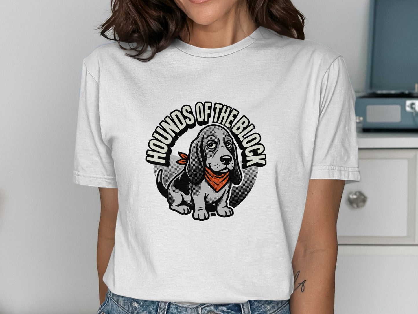 T-shirt with circular "Hounds of the Block" logo featuring a cartoon dog wearing a bandana.
