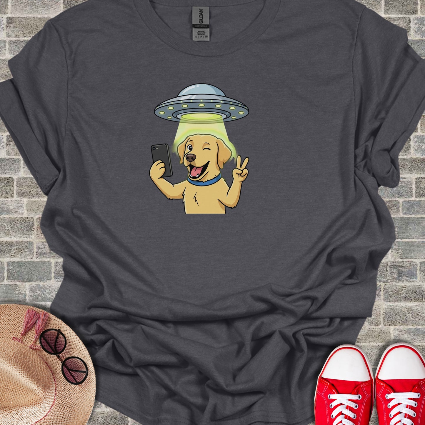 UFO and Doggy Selfie Graphic Tee Shirt Fun Clothing