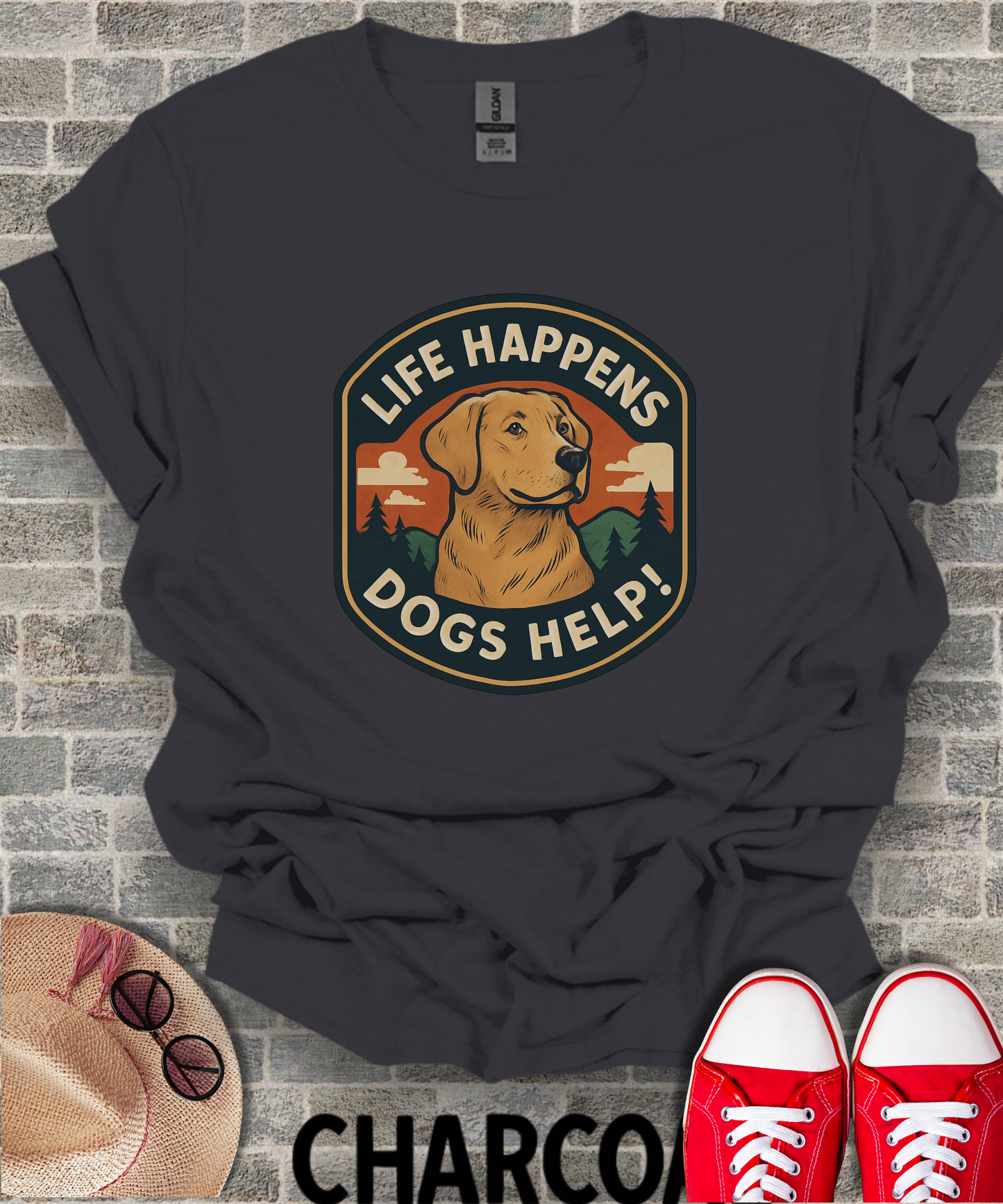 Life Happens Dogs Help Sunset Illustration T-Shirt
