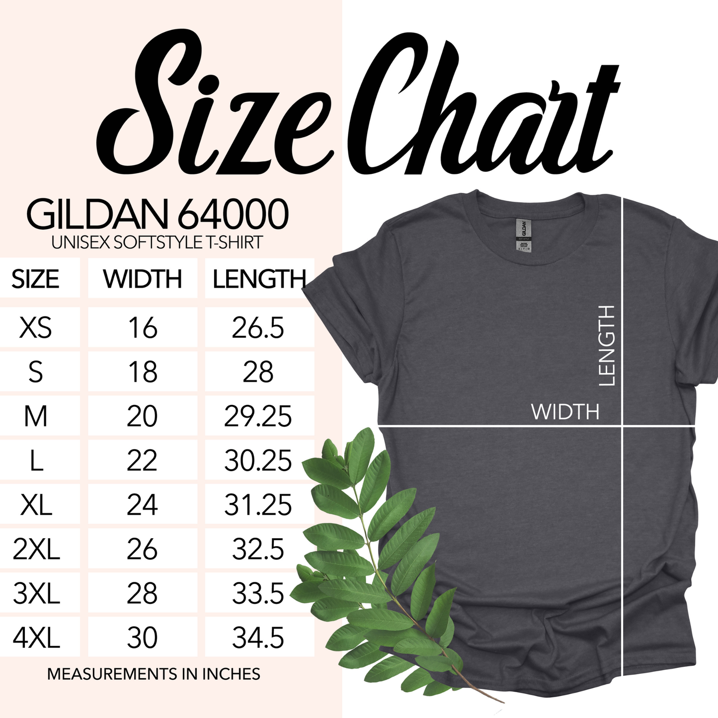 Size chart for Gildan 64000 unisex softstyle t-shirt with a gray t-shirt and leaf decoration.